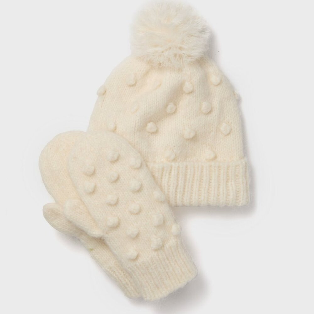 Cream Pom Pom Hat and Mittens Set